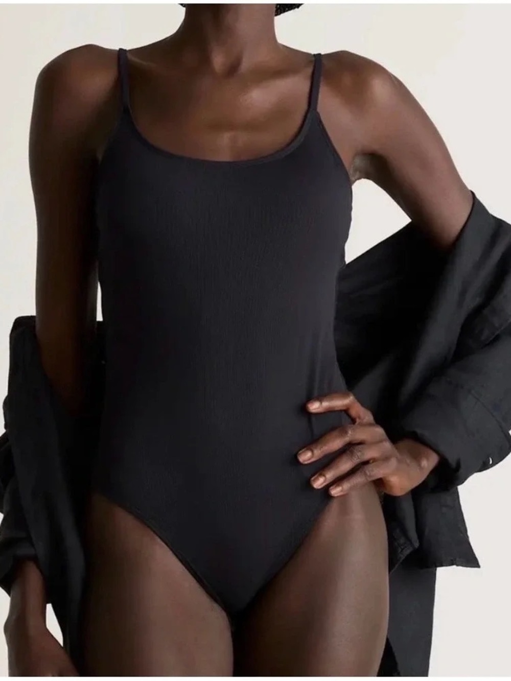 Quince Black Ribbed Scoop-Neck Bodysuit